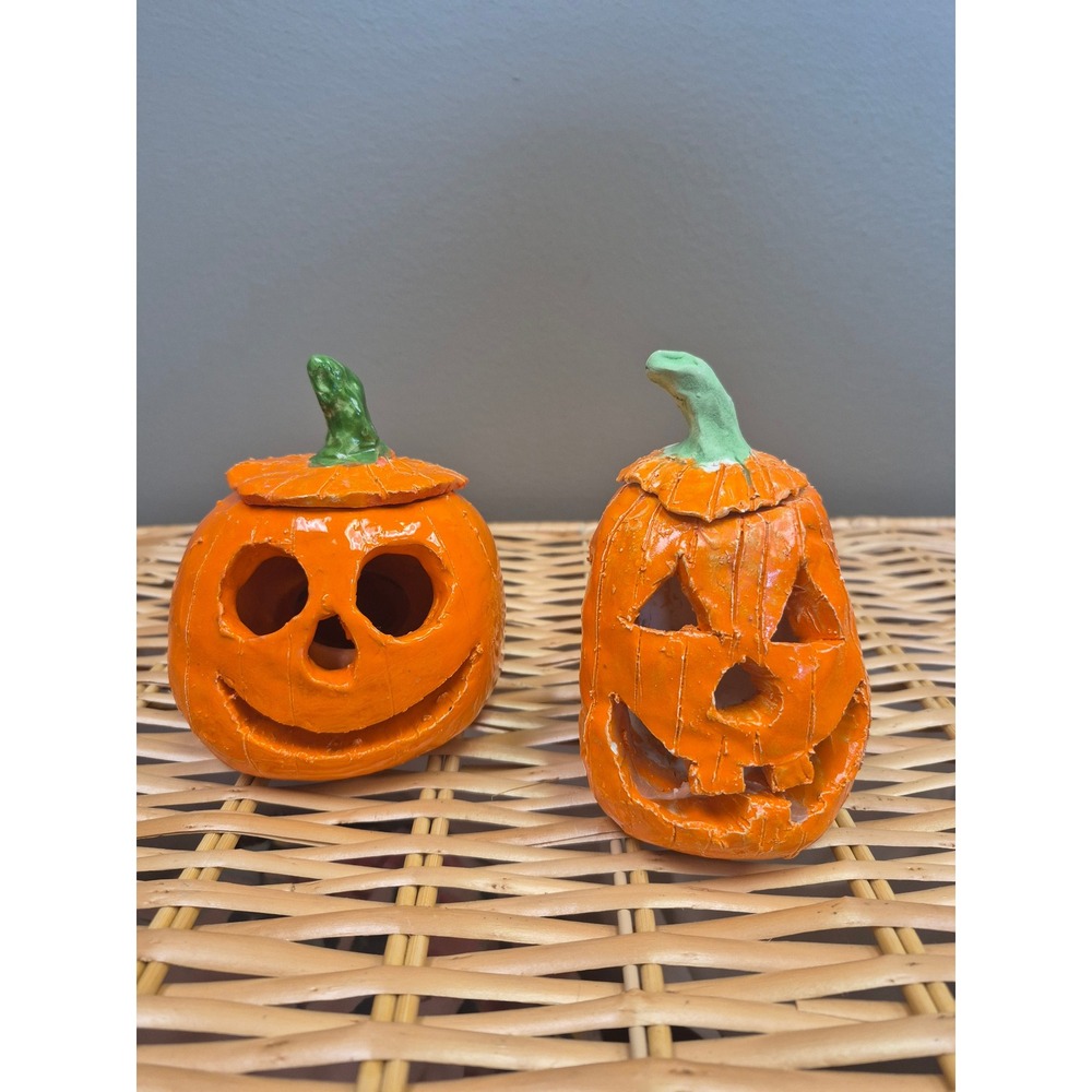 Vintage Handmade Pottery Jack O Lantern Pumpkin Tealight Holders Halloween Pair